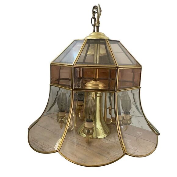 Brass Beveled Glass Hanging 12 Bell Shape Foyer Chandelier Light Pendant Fredric - Picture 4 of 4